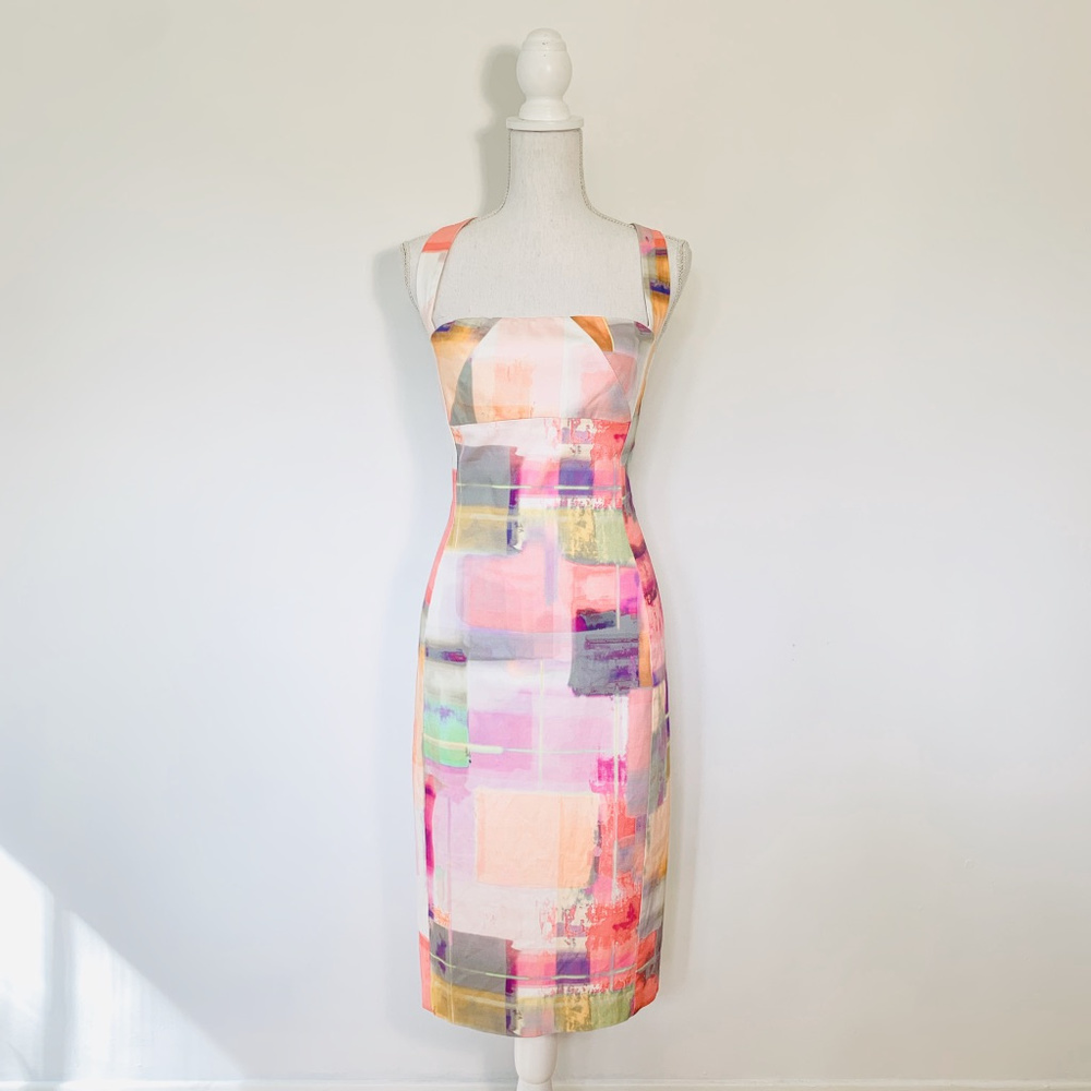 Black Halo 6 pink / abstract / multi-color Bryson Sheath cross-back halter dress